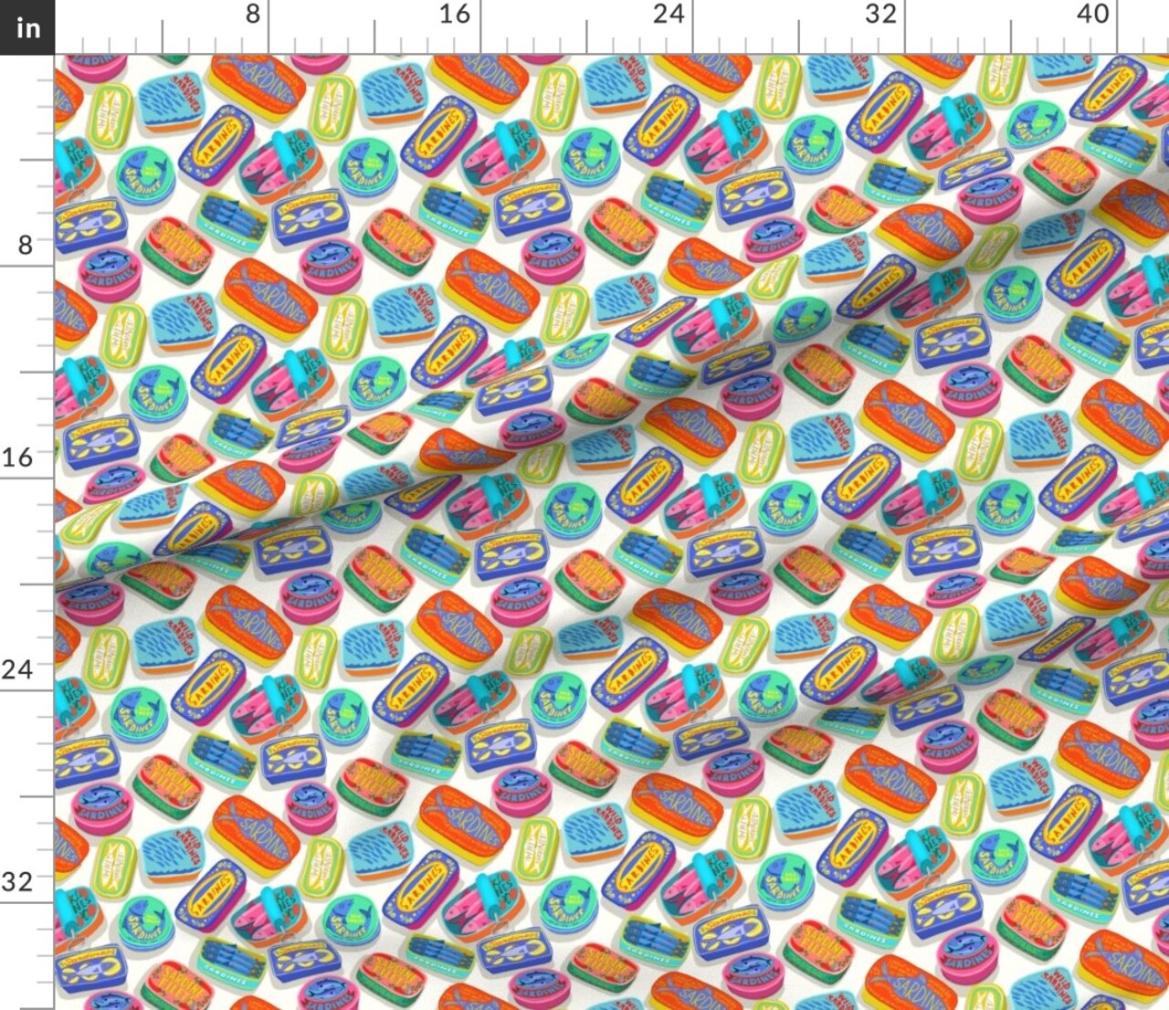 Colorful Food Blue Orange Green Pink Fish Sardines Tinned Seafood Custom Printed Fabric by Spoonflower Various Fabrics by the Yard or Fat Quarter